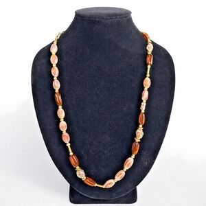 Vintage Art Glass & Shell Bead Necklace 30" Lampwork Gold Tone Boho